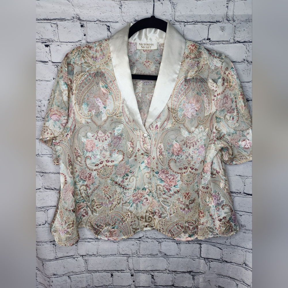 Victoria's Secret Vintage Gold Label Floral Paisley Sheer Pajama Top Size Small